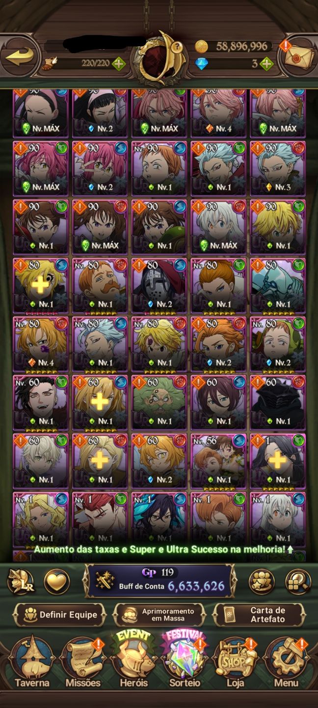 Conta 7ds grande cross 6.6M Meliodas nêmesis 2/6, escanor Merlin 2/6