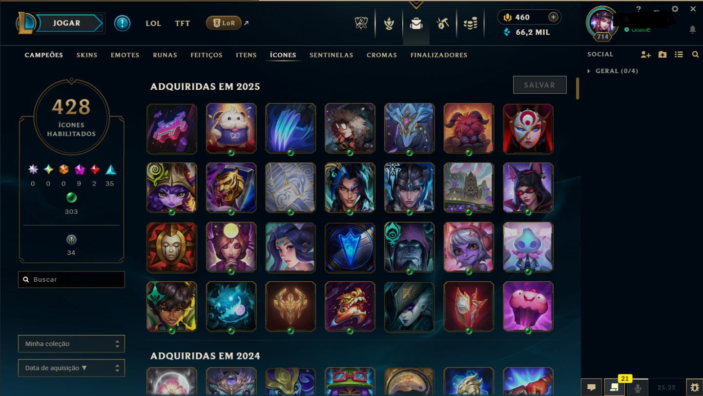 Conta LoL LvL 714, 326 skins, 428 ícones, todos os champions - League of Legends