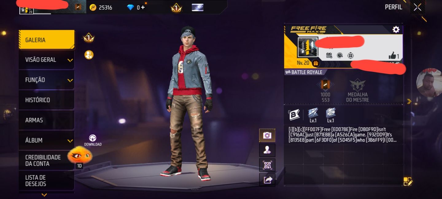 CONTA FREE FIRE LV20 + 25K DE OURO