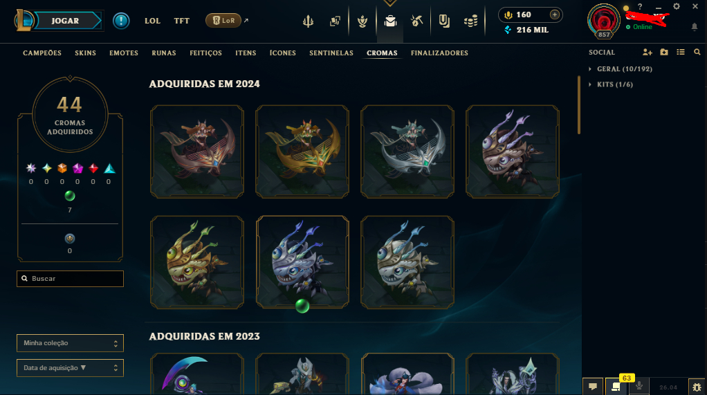 Conta lol nivel 874 com diversas skins de champions sentinela cromas 2kk de ZED.