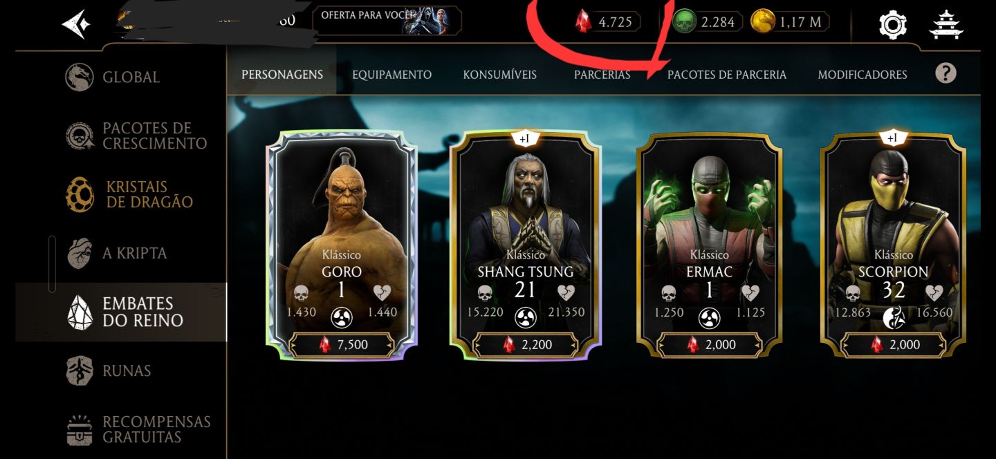 CONTA MK MOBILE - 18 DIAMANTES (RAIN F4, LIU KANG) + 200 CRISTAIS DRAGÃO.
