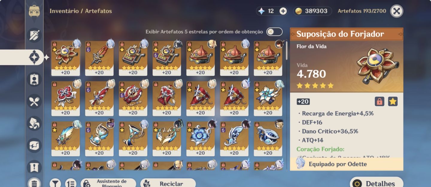 Conta genshin Impact com 24 personagens 5 estrelas, armas 5 estrelas e artefatos