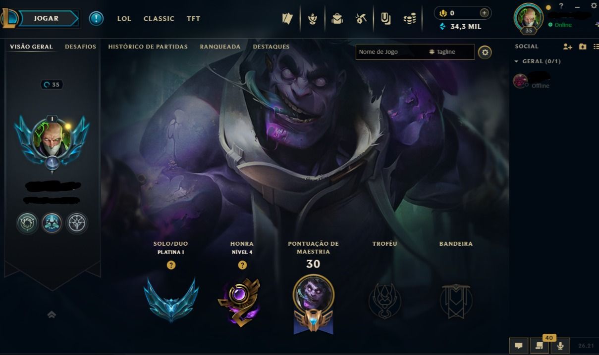 CONTA LOL NÍVEL 35 UPADA A MÃO | PLATINA I | 41 SKINS | MMR Diamante (30+ PDL)