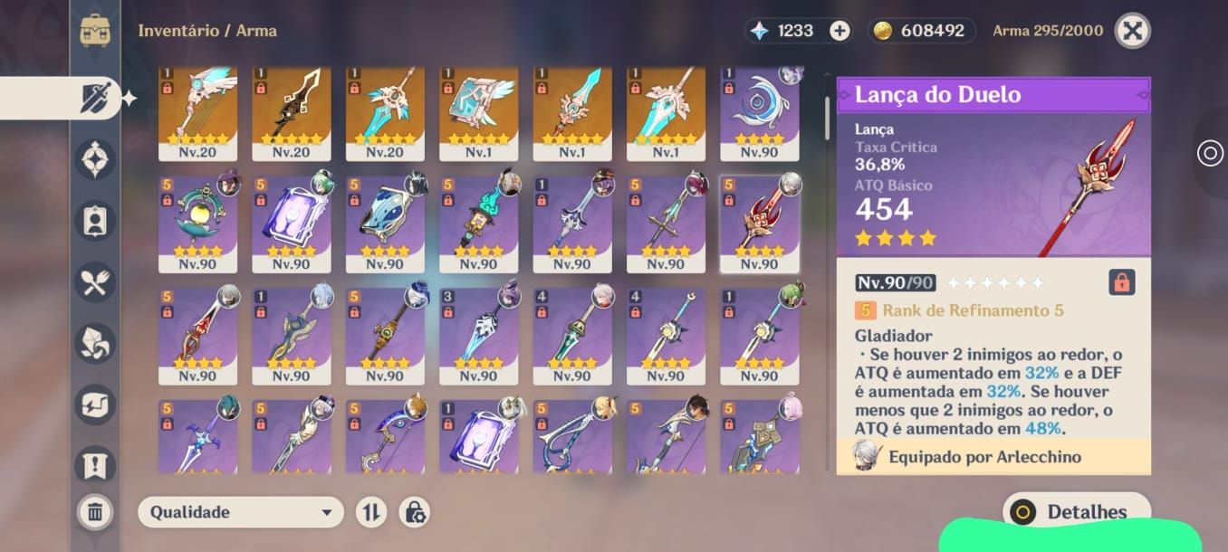 Conta end game Genshin ar 60, 15 t5 limitados e 12 armas assinatura limitadas