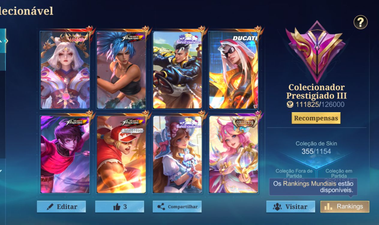 CONTA MLBB 342 SKINS IMORTAL | LEGEND, COLLECTOR, KOF, DUCATI, SANRIO