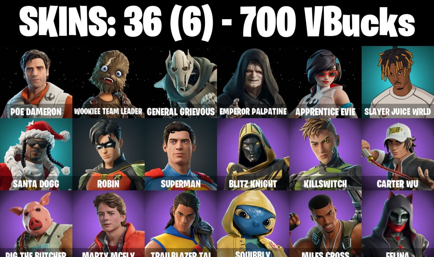 Conta Fortnite com Poe Dameron | Wookiee Team Leader | General Grievo e 36 Skins