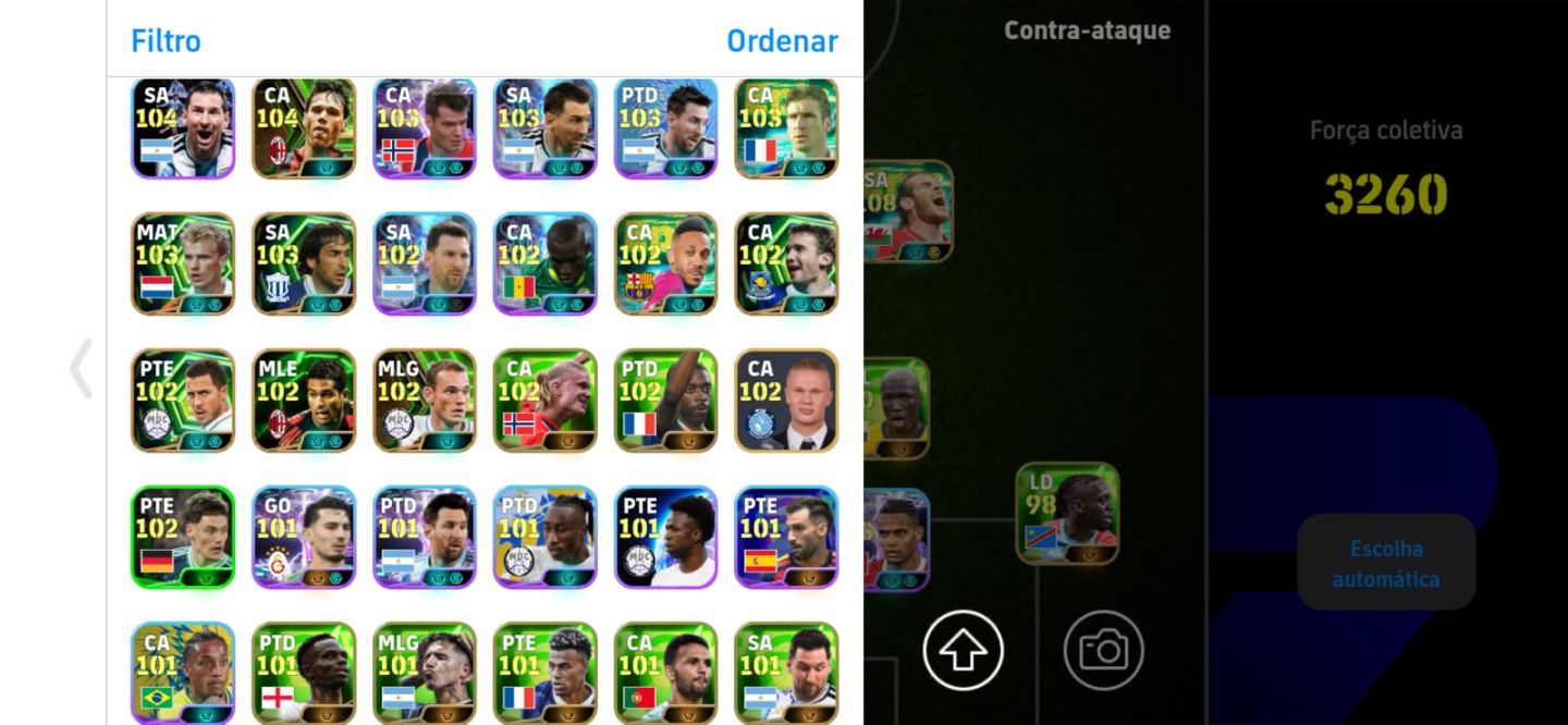 Conta de eFootball, 3260 de força. Del Pieiro 108 blitz, Pelé 109, Bale 108