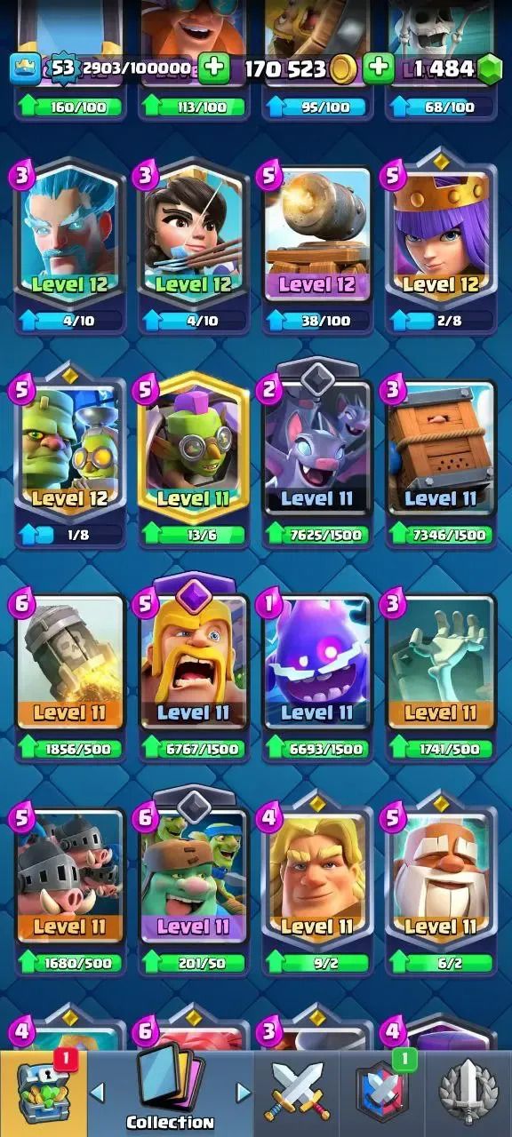 Conta Clash Royale nível 53, 9134 troféus, 48 cartas máx, 95 emotes, 1484 gemas