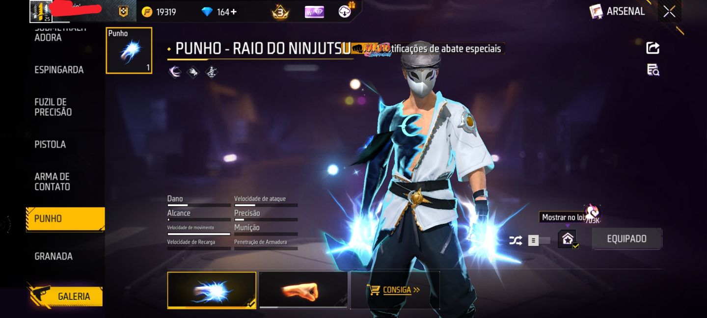 CONTA BÁSICA COM SKIN EVOLUTIVA + PUNHO DO NARUTO + TROCA NICK