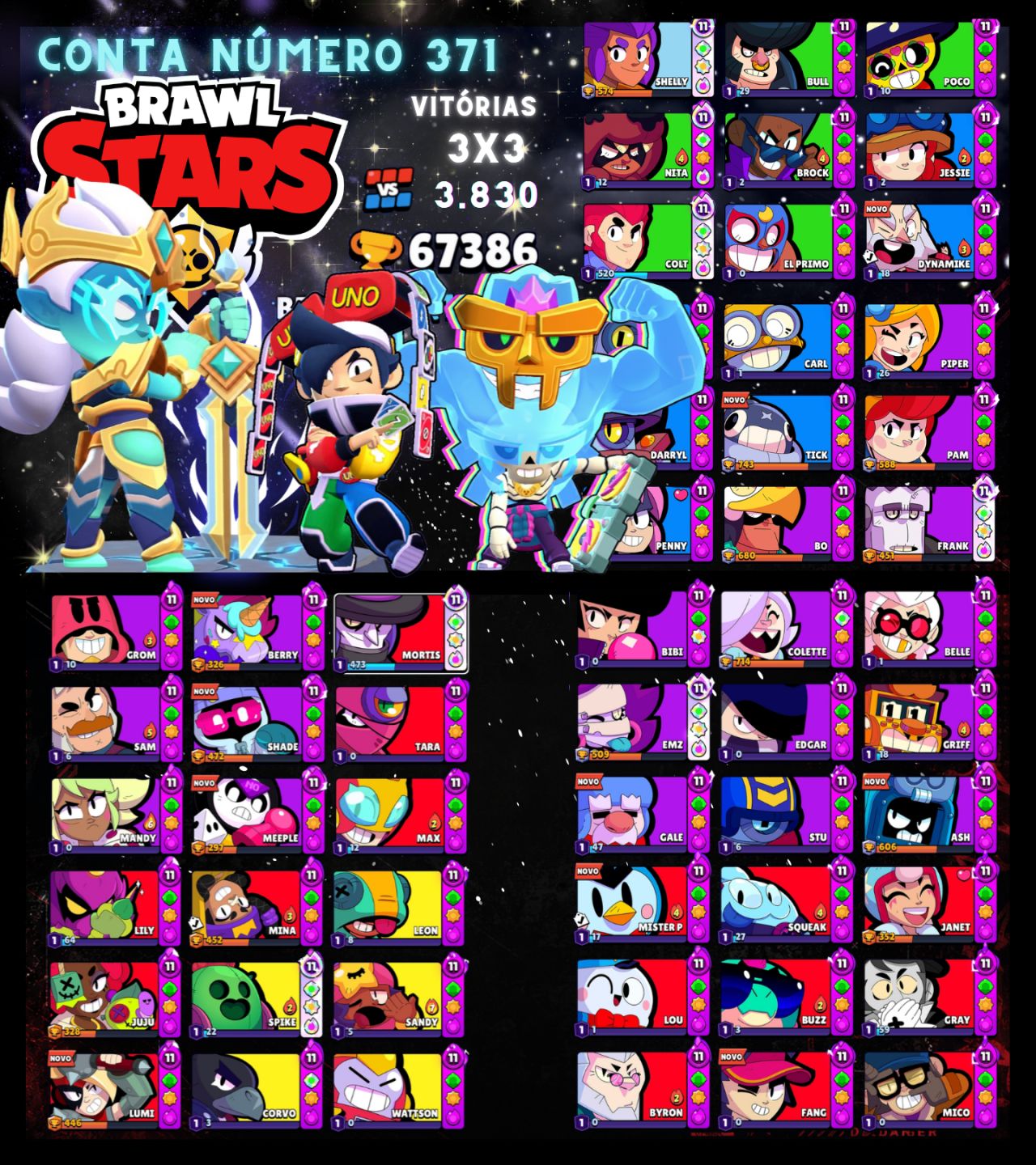 Contas de Brawl Stars Upadíssimas com vários troféus e Skins