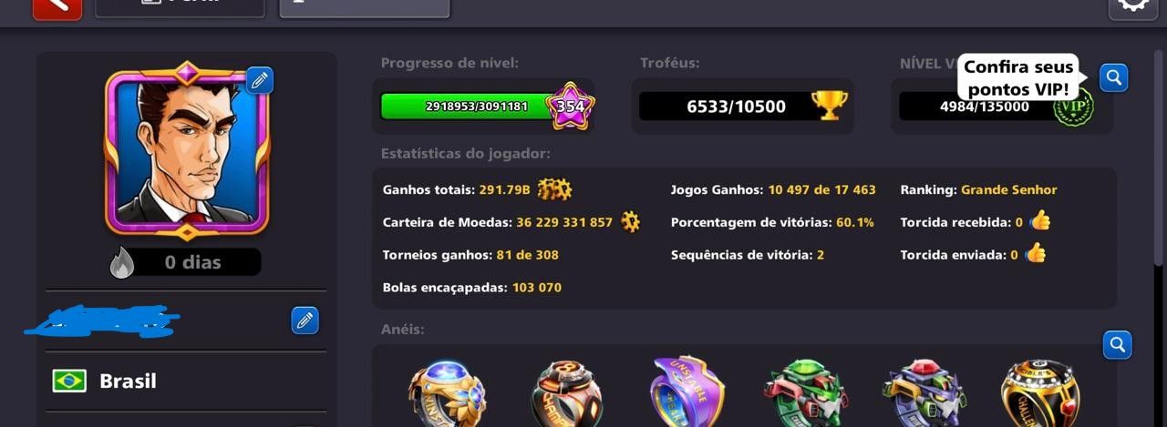 CONTA 8 BALL POOL 36 BILHÕES DE FICHA