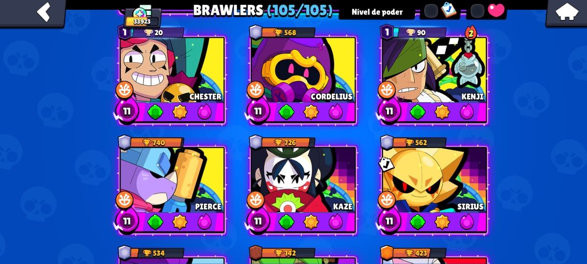TODOS BRAWLERS , 32 NÍVEL MAX |14 PRESTÍGIOS | SKINS + HIPERCARGAS