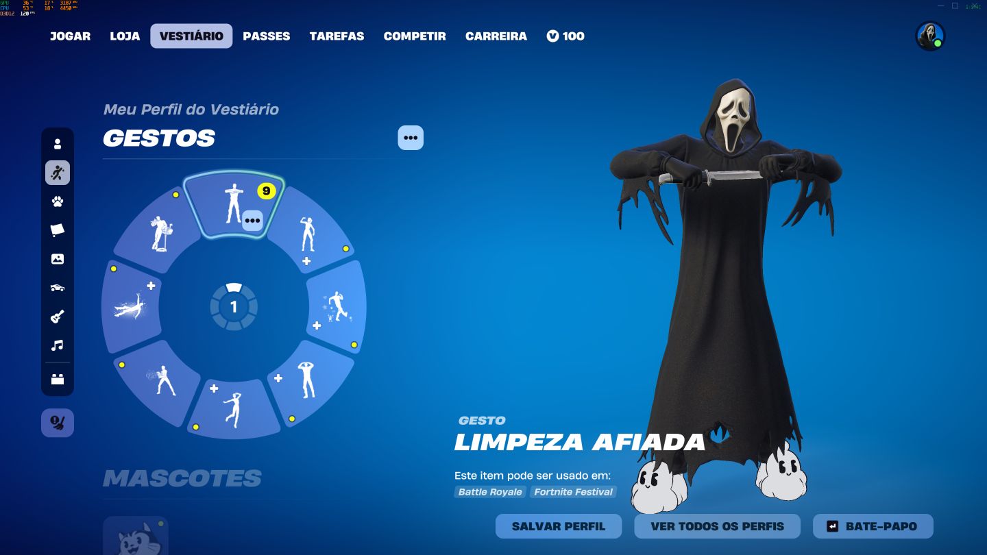 Conta fortnite com pacote ghostface pacote cartoon e creww