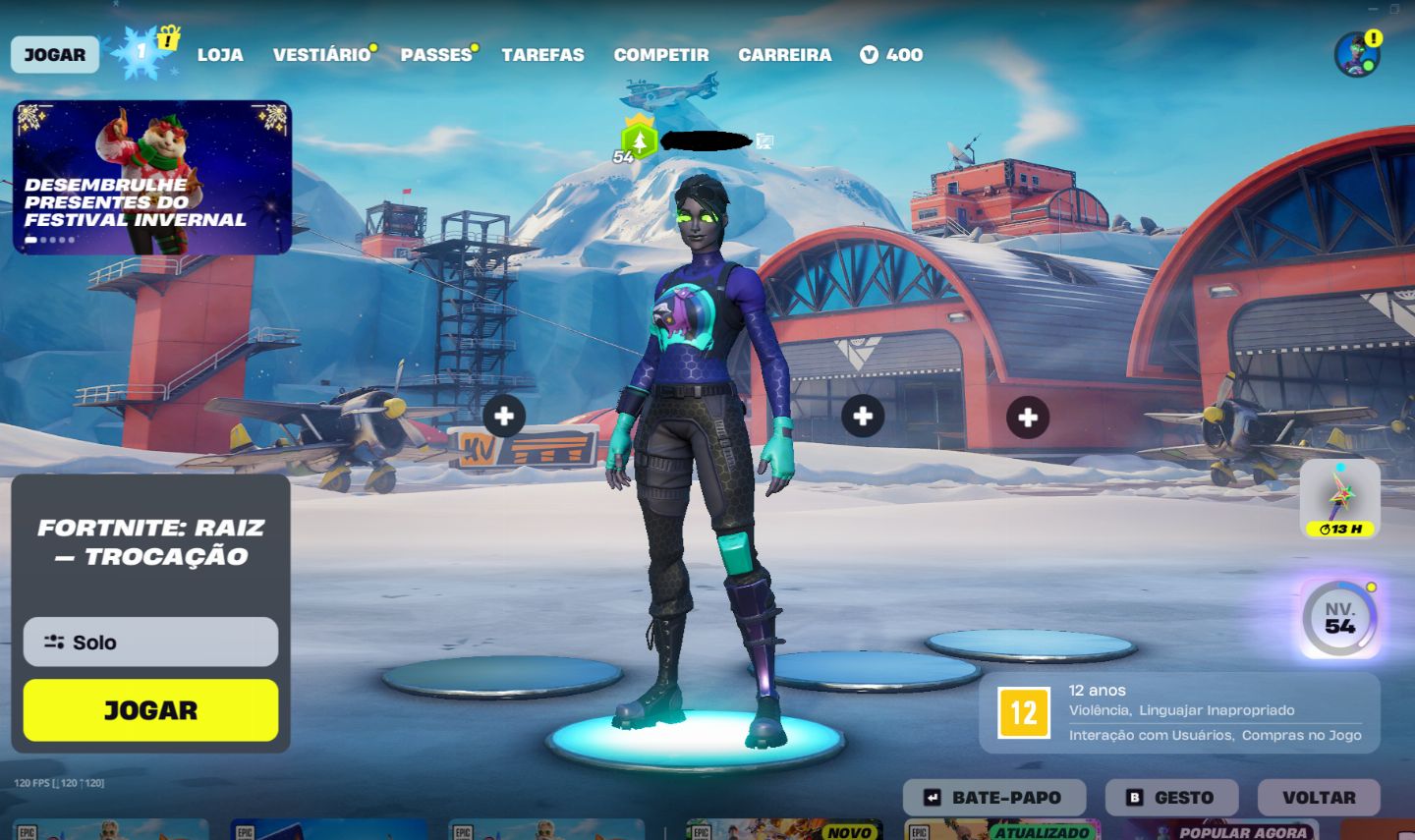 Conta de Fortnite com picareta do kratos entre outras skins e picaretas