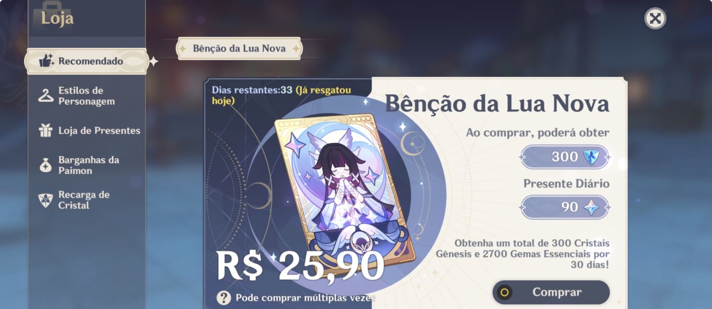 Conta genshin Impact com 24 personagens 5 estrelas, armas 5 estrelas e artefatos