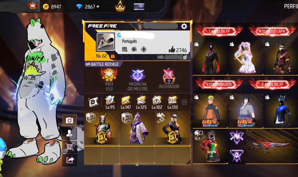 Conta FreeFire 8 Anos | 2867 diamante | Pacote Hashira Sensi | Tds Skins Naruto