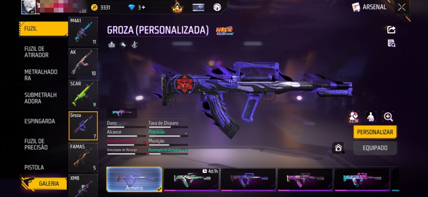 CONTA FREEFIRE COM TODAS AS SKINS DE NARUTO E ARMAS ATRIBUTADAS