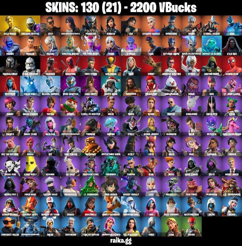 130 Skins - Gold Midas, Subzero Cryptic, Lara Croft, Tony Stark, 2200 vbucks