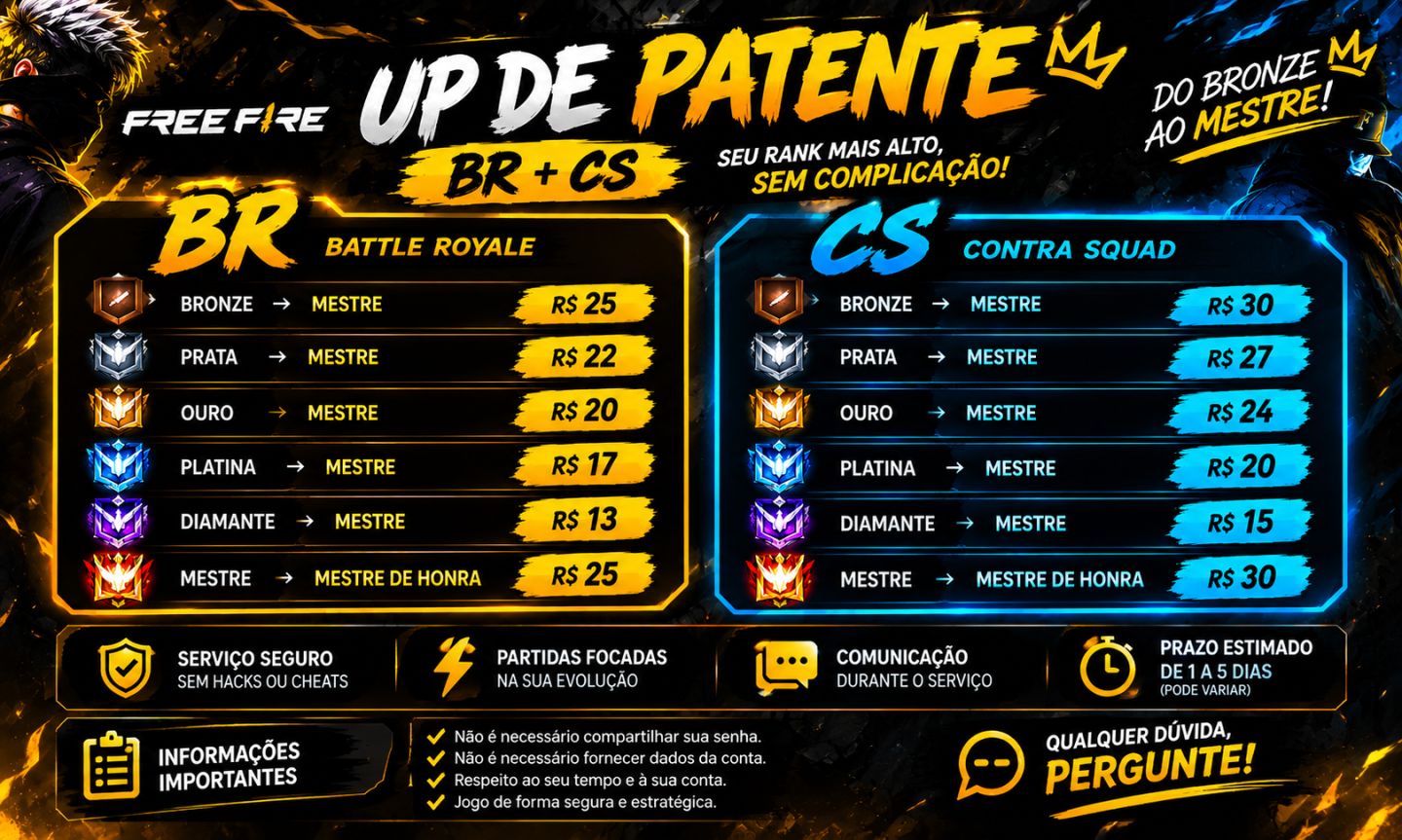 SERVIÇOS ELO JOB UP DE PATENTE FREE FIRE | BR + CS | RÁPIDO E SEGURO