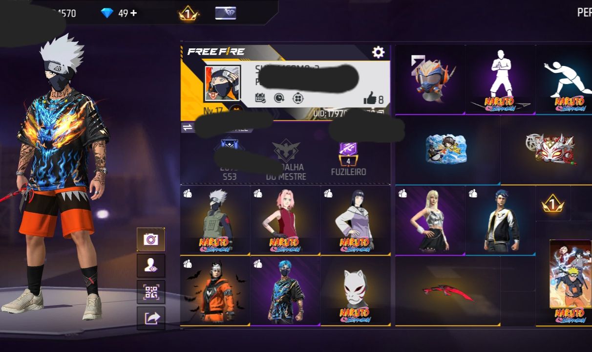 CONTA FF NIVEL 17 + MORCEGO CAÓTICO + 3 SKINS DO NARUTO + 2 GELOS (SEU EMAIL)