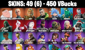 CONTA FORTNITE COM 49 SKINS ZEUS/DOOM/GWENPOOL/SOLID SNAKE/WAR MACHINE/MEDUSA
