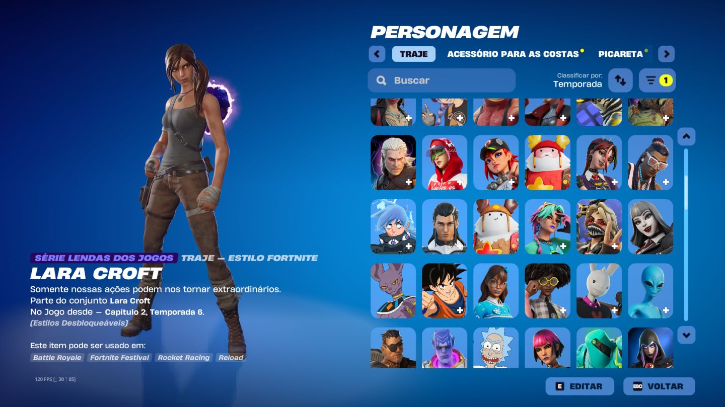 Conta Fortnite MUITO RARA +165 SKINS, com OMÊGA completo, Lara Croft, Neymar Jr.