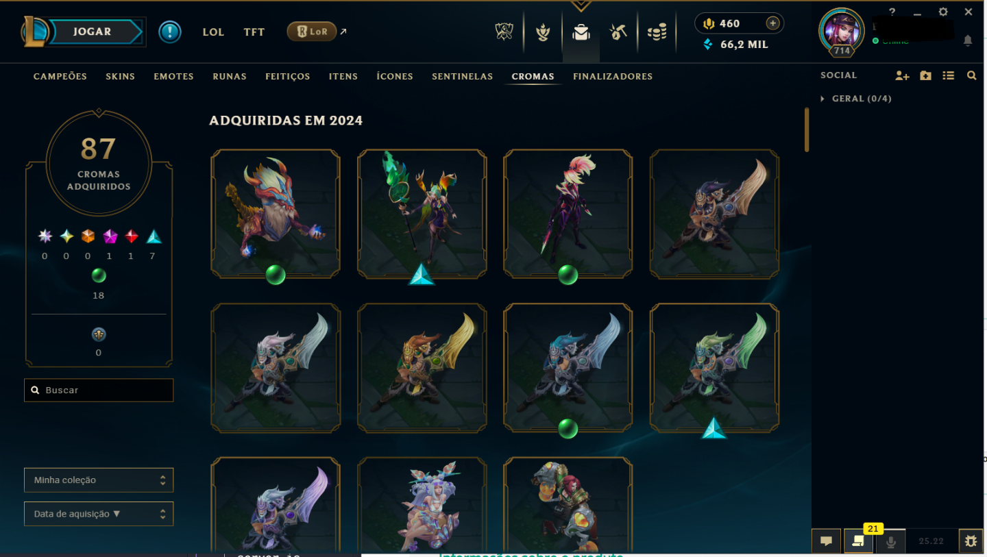 Conta LoL LvL 714, 326 skins, 428 ícones, todos os champions - League of Legends