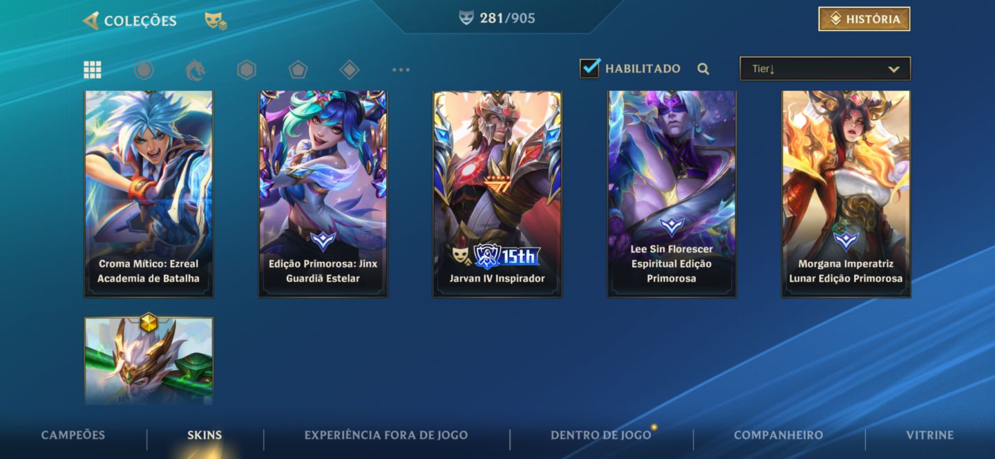 CONTA WILD RIFT COM 281 Skins, Challenger uma vez e tem 344 moedas laranjas