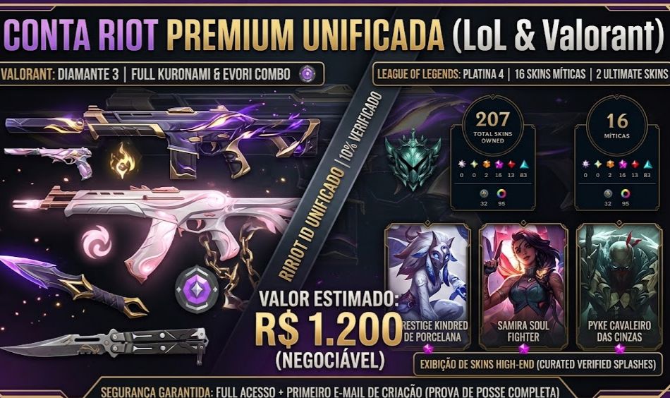 CONTA RIOT PREMIUM LoL(16 Míticas + 119 EM)+Valo(D3+Kuronami/Evori)| FULL ACESSO