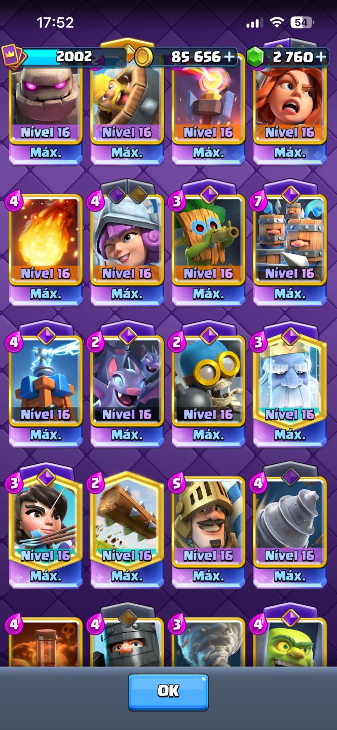 CONTA CLASH ROYALE 8 ANOS| NÍVEL 2002 | 32 EVOLUÇÕES | 8 HERÓIS | 42 CARTAS MAX
