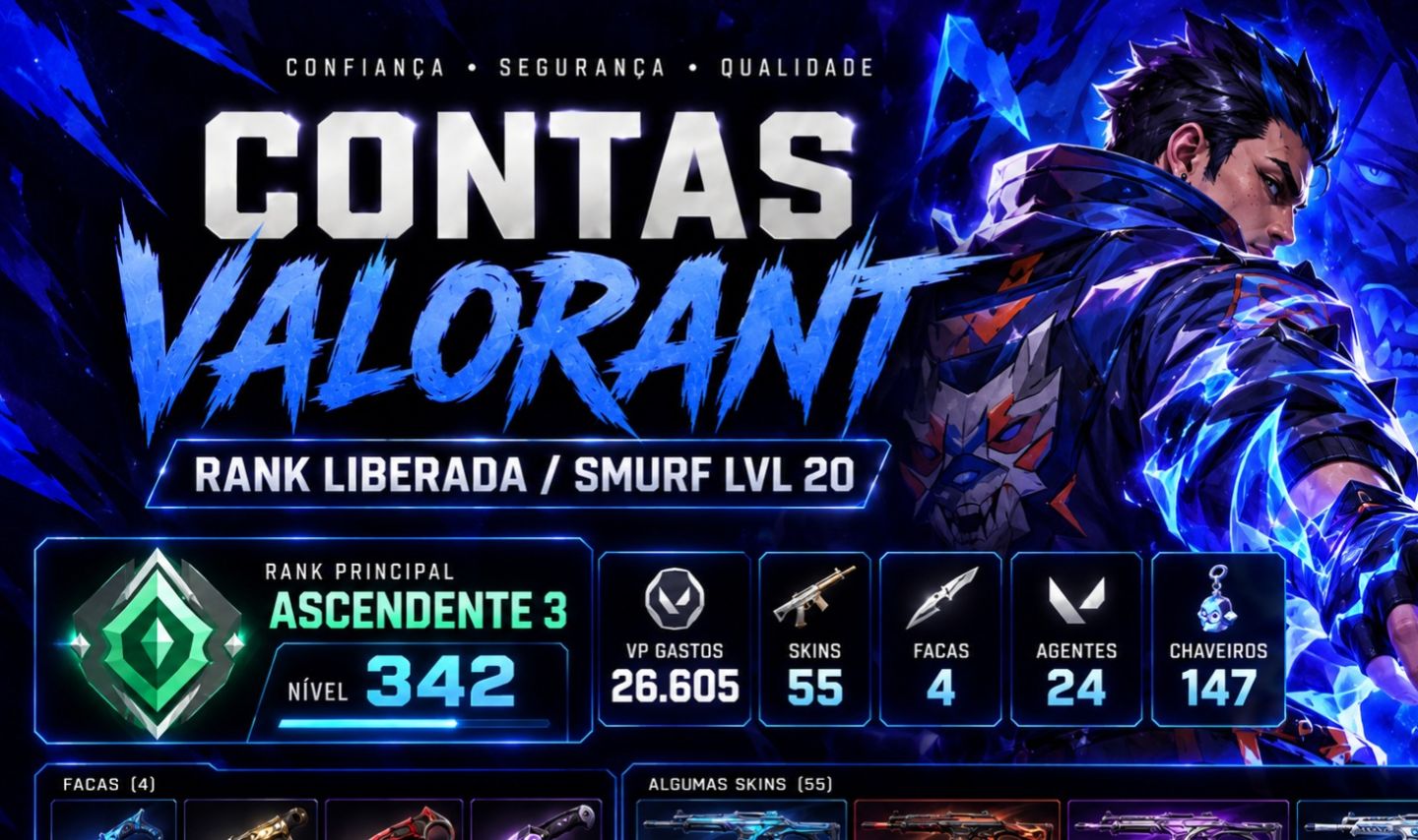 CONTA VALORANT ASCENDENTE 3 | LVL 342 | 55 SKINS + 4 FACAS | 26.605 VP GASTOS