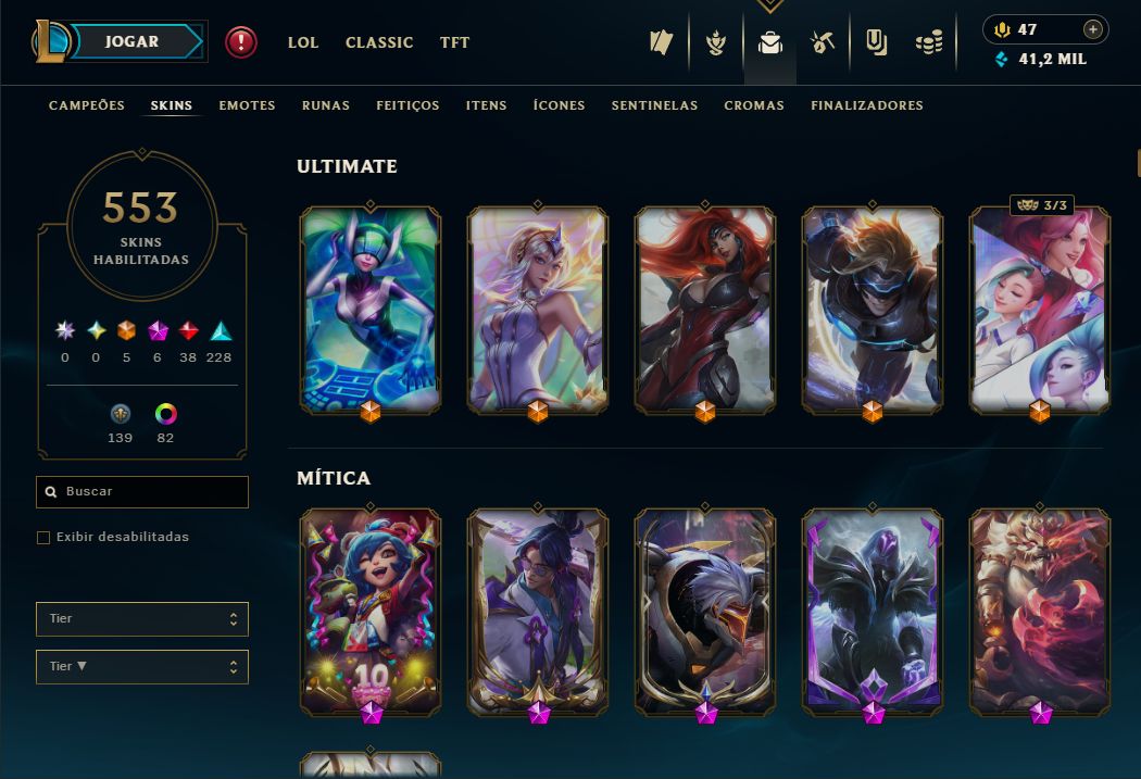 Conta LoL Nível 519 | 553 Skins | 6 Míticas | 5 Ultimate | 47 EM Ou:
