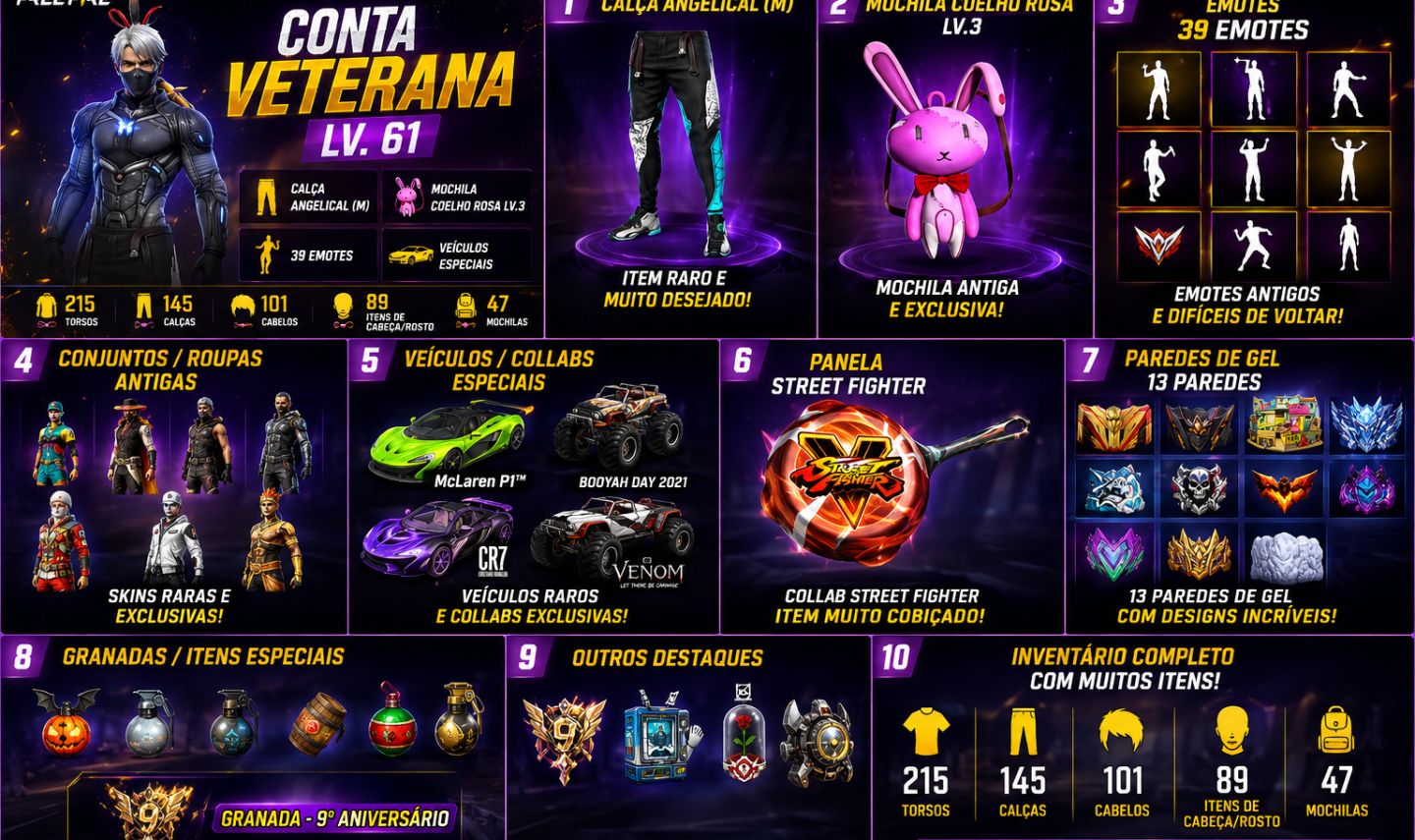 CONTA FF LV61 | ANGELICAL MASC | COLLABS RARAS COELHO ROSA LV3 | 39 EMOTES |RARA