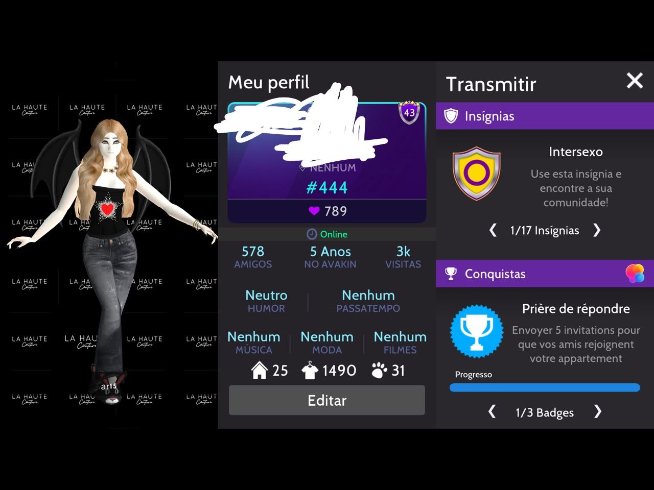 Conta avakin life lvl 43, 1490 roupas, 33k avacoins + asas e coroa