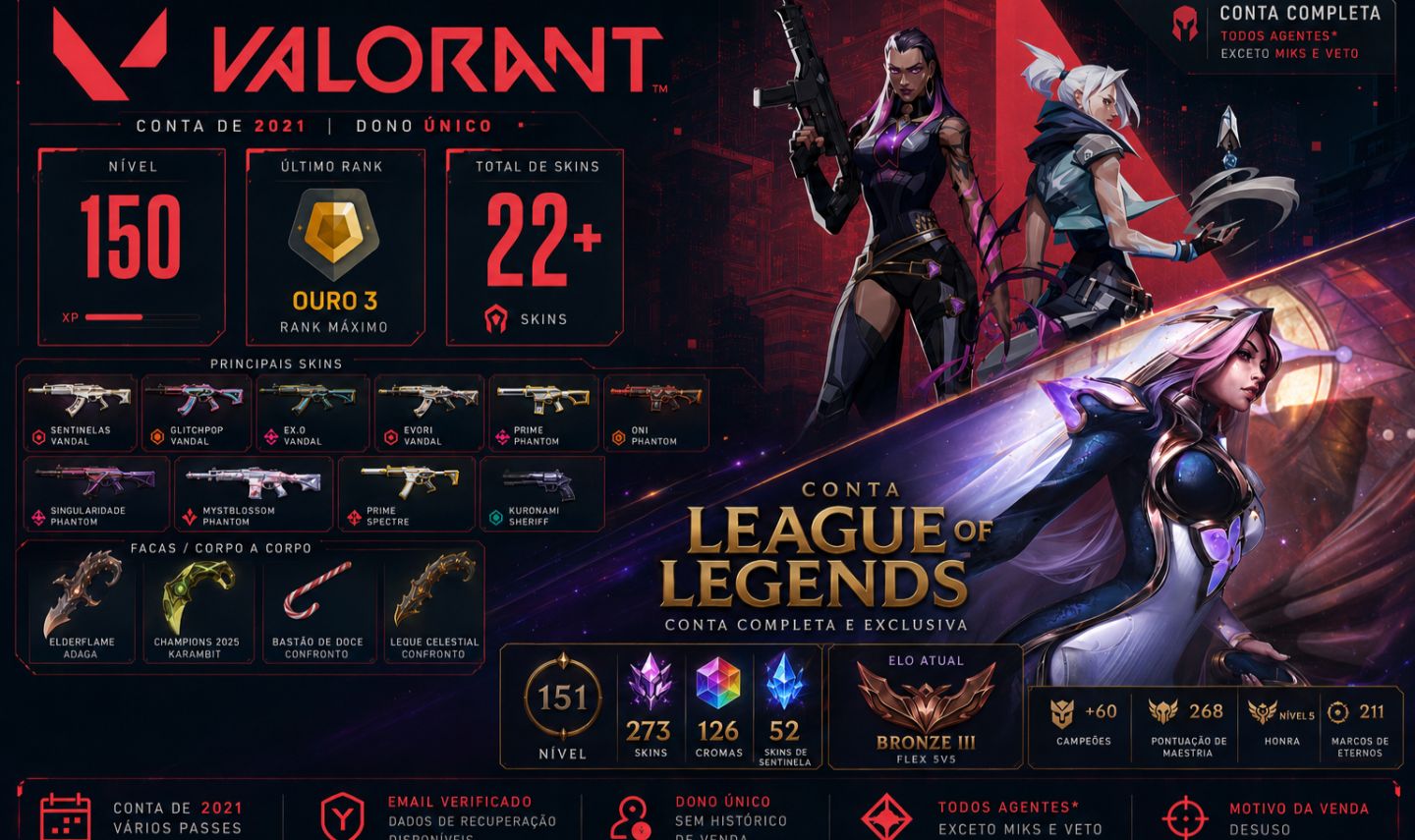 CONTA RIOT VALORANT GOLD e LOL nv. 170 - + SKINS