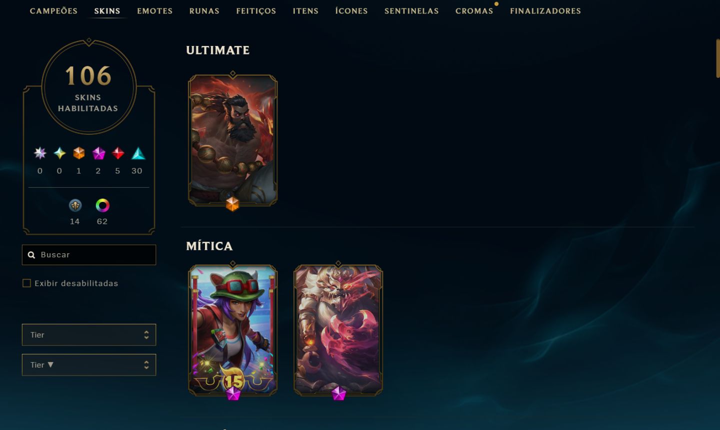 Conta LoL LVL298 Todos campeões 106 Skins 64 Cromas Plat 4