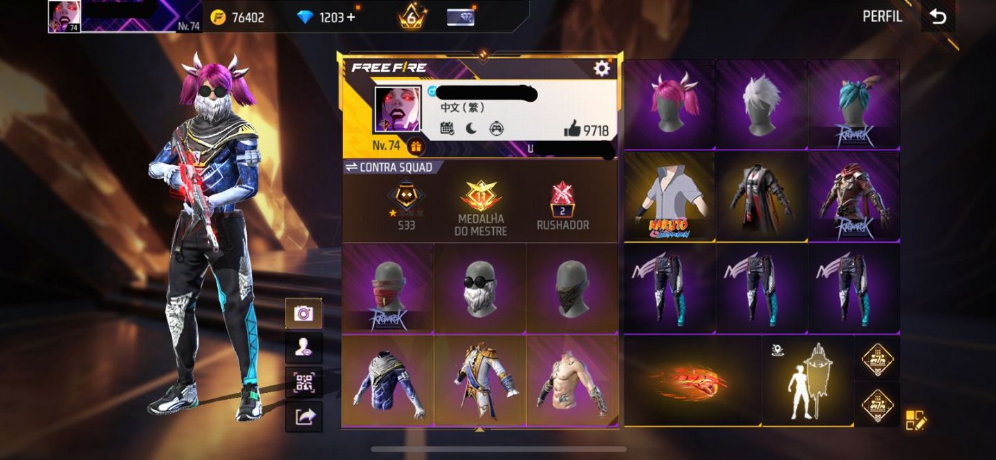 Conta free fire super gemada level 74 9700+ likes, ragnarok, punho, angelical
