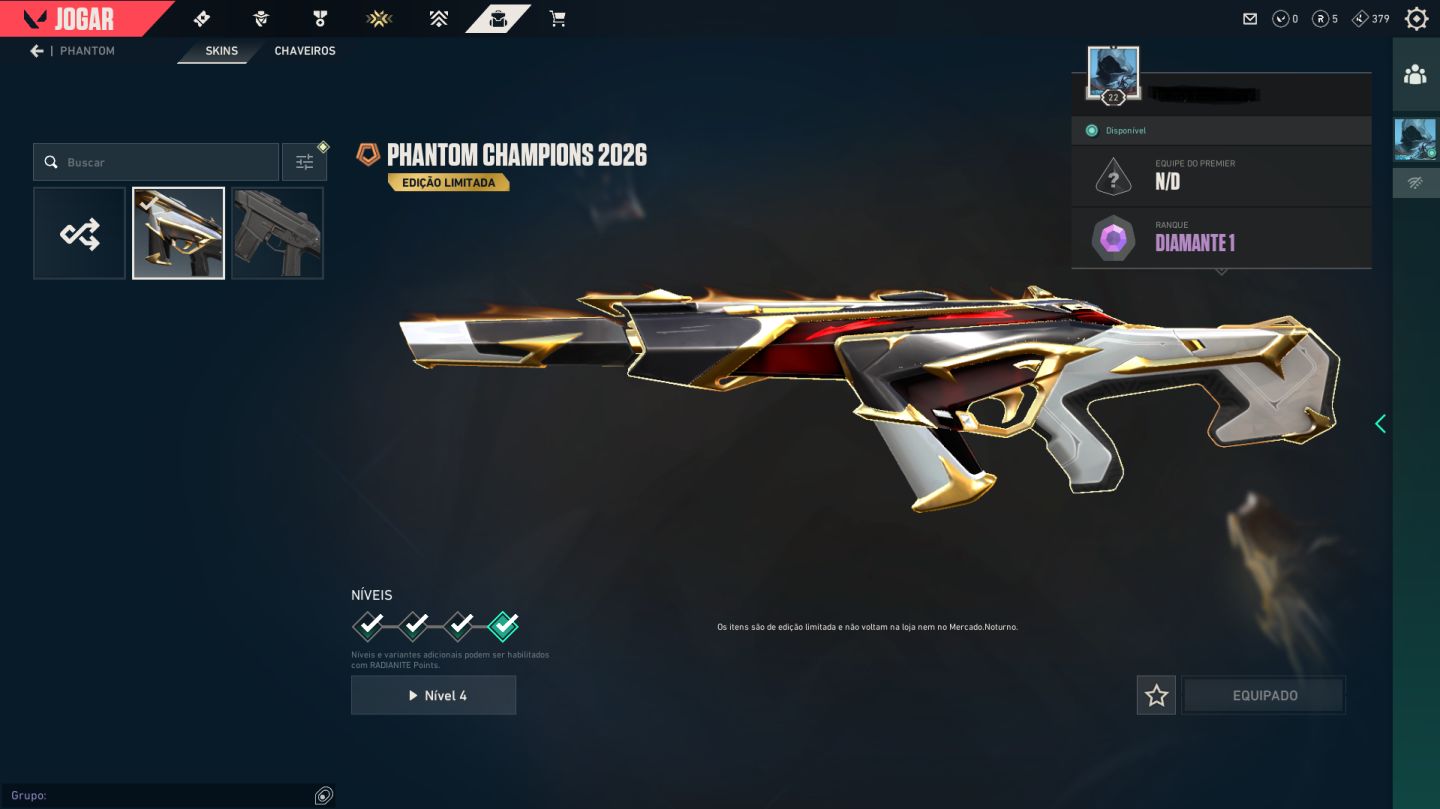 CONTA VALORANT DIAMANTE 1 COM VANDAL HEROI VALOROSO E PACOTE CHAMPIONS 2026
