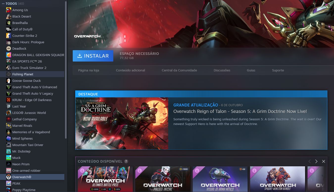 Conta steam com 40 jogos entre eles:GTAV, Fifa26, The forest, Sons of the forest