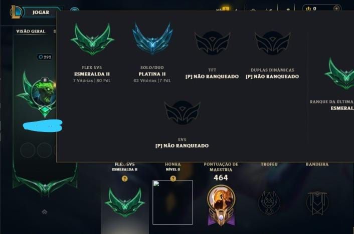 Conta de LOL: Nível 292, esmeralda 2 na flex, platina 2 na solo/duo