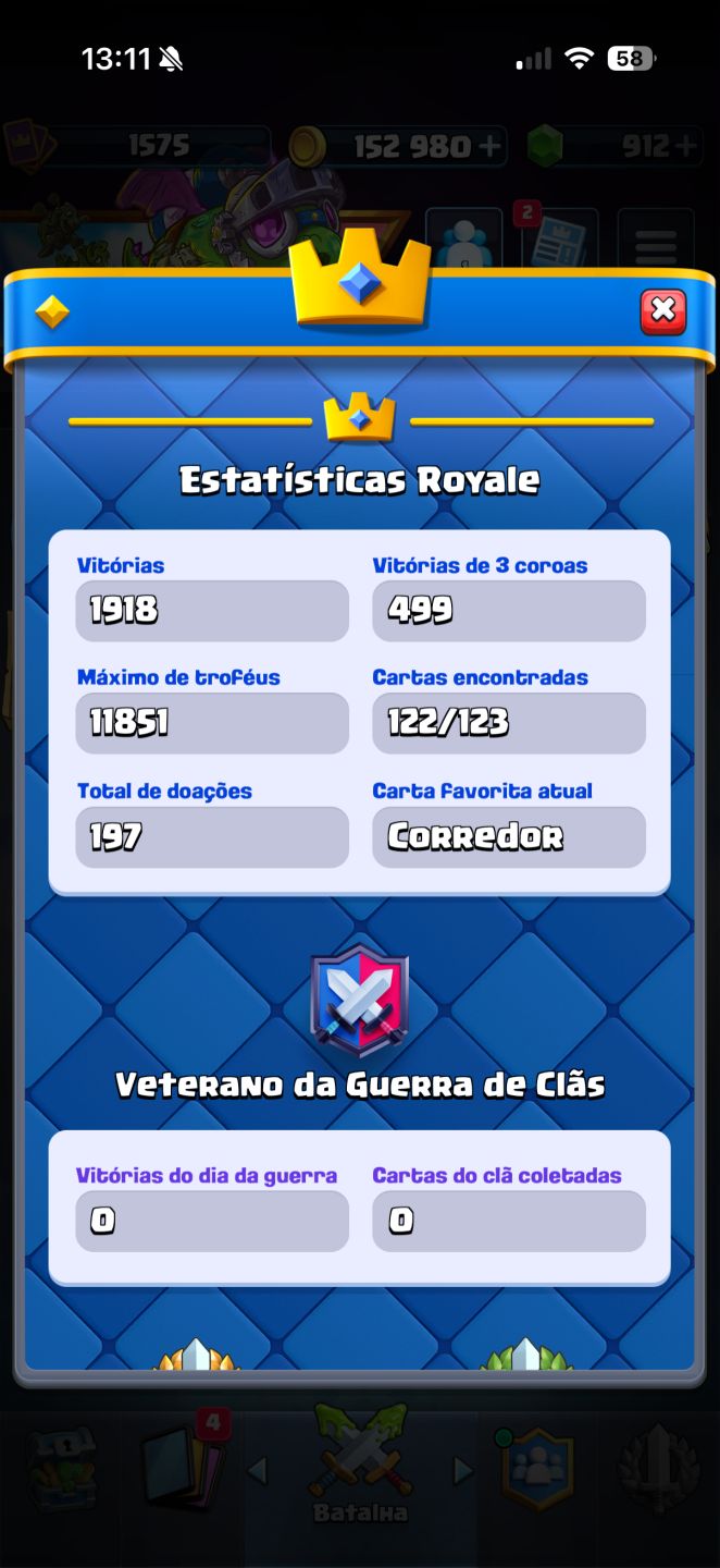 CONTA CLASH ROYALE 11821 Troféus, CORREDOR NVL 16 POSSUI TODAS AS CARTAS