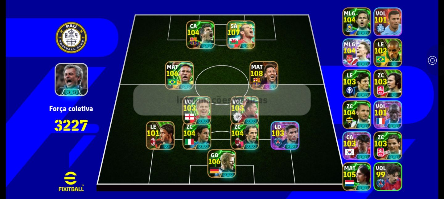 Conta efootball com Neymar das olimpíadas e Messi do trio msn e bale
