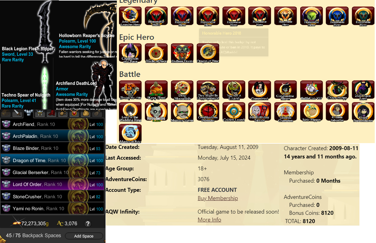 Conta AdventureQuestWorlds 15 anos + 3000 acs