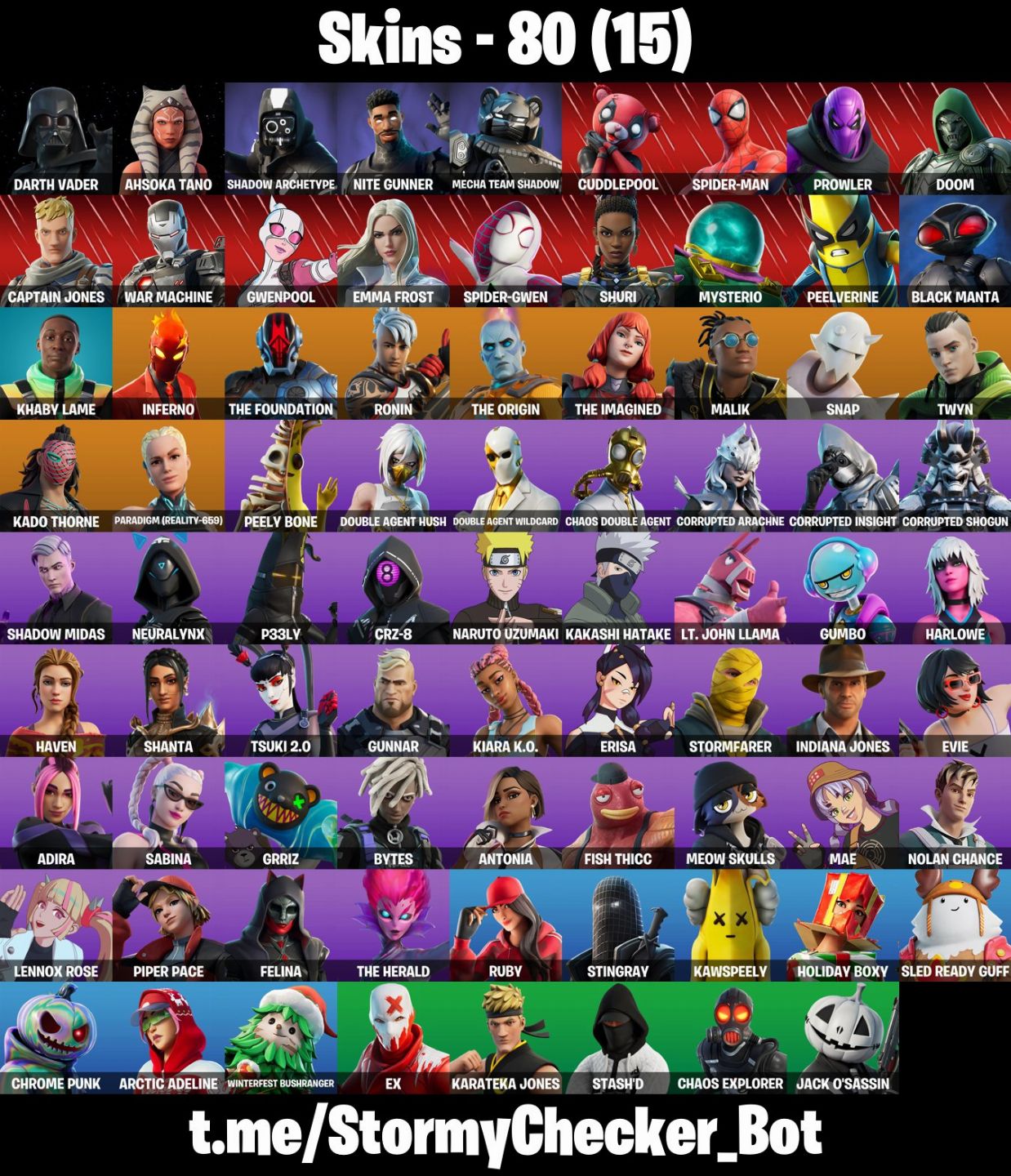 80 SKINS - SPIDER MAN - NARUTO SKINS - DOUBLE AGENT - ICON EMOTES