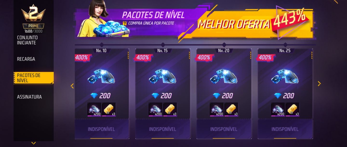 Conta FF básica, skin do kakashi, 6 outras skins prime 2