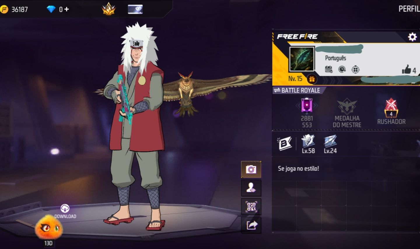 CONTA FREE FIRE COM CONJUNTO JIRAIYA | UMP BOOYAH | MP5 TRETA SOMBRIA