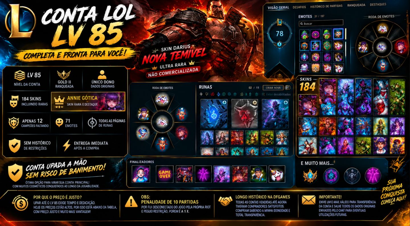 LOL LV 85 GOLD II + 184 SKINS | PREÇO BAIXO DEVIDO À RESTRIÇÃO DE 10 PARTIDAS