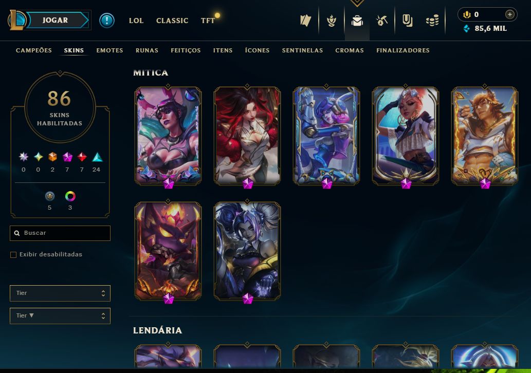 Conta de Lol com 45 skins, 2 ultimates, 7 míticas, 7 lendárias e varias épicas