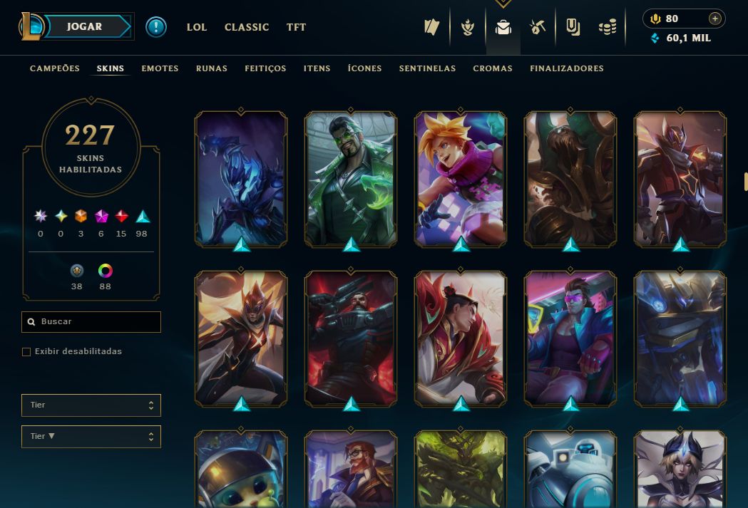 Conta LOL mmr mestre (caiu pra d1 por inatividade) lvl 429, 227 skins