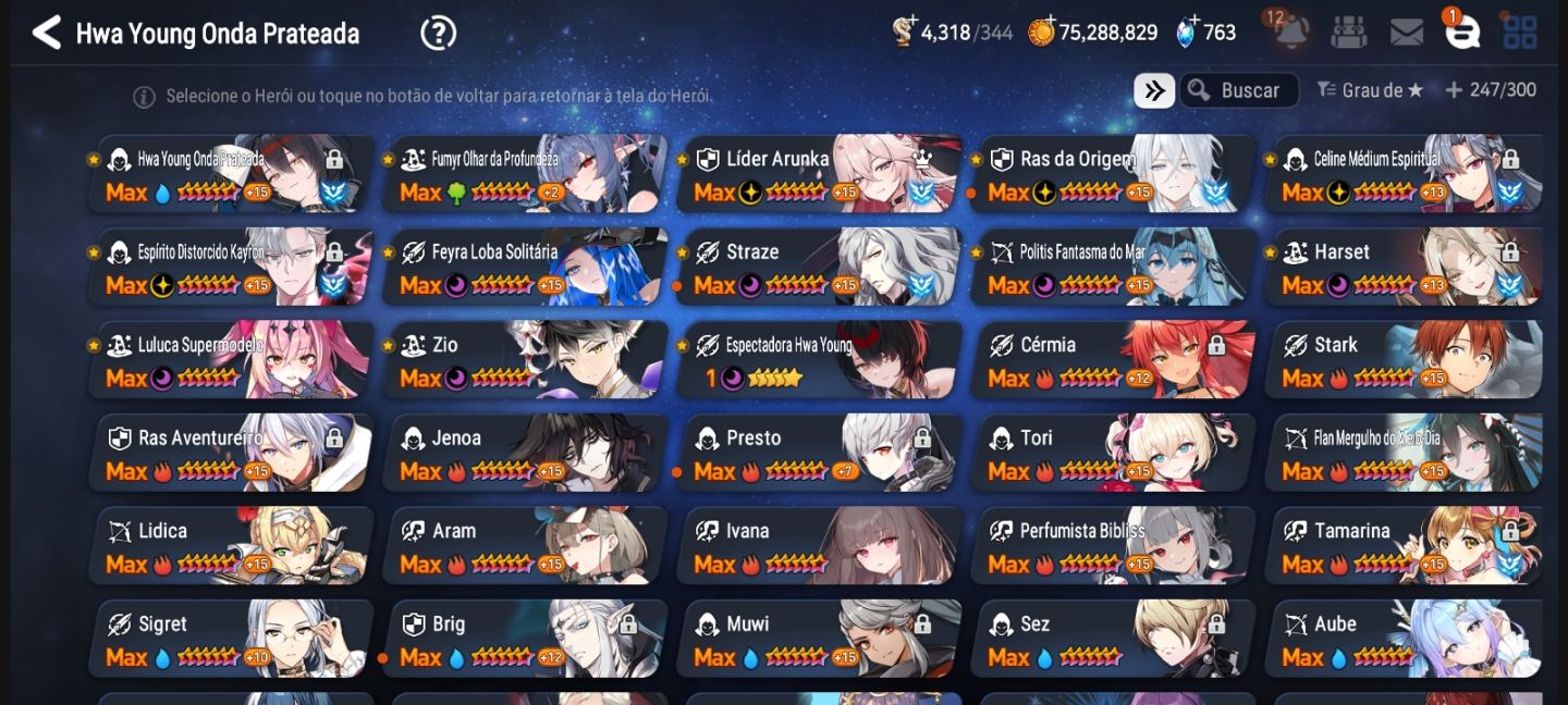Conta de epic seven com bastante personagens